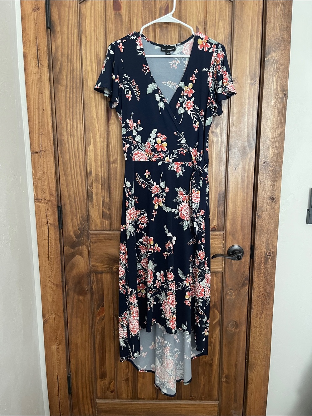 Fortune + Ivy Women’s Navy Floral High-Low Wrap Dress with Pink Blooms